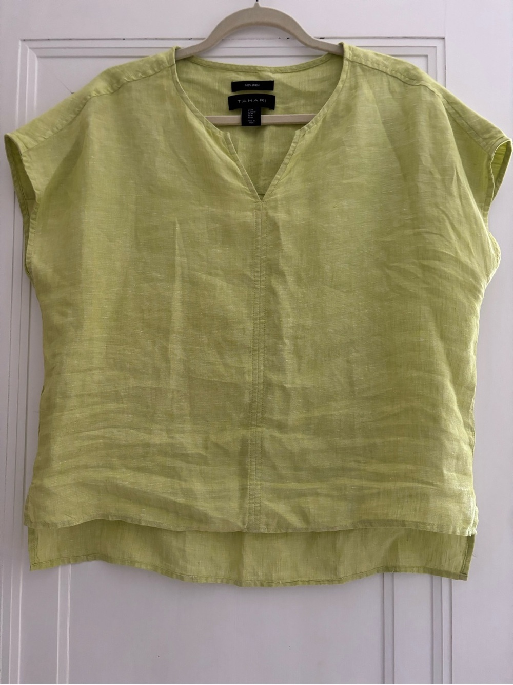 Tahari Linen Split-Neck Short Sleeve Linen Top